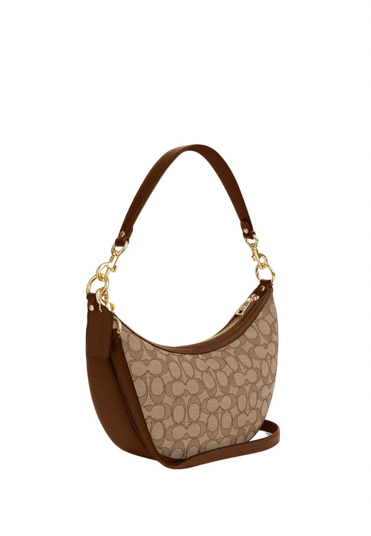 Aria Shoulder Bag In Signature Jacquard Khaki Saddle Multi