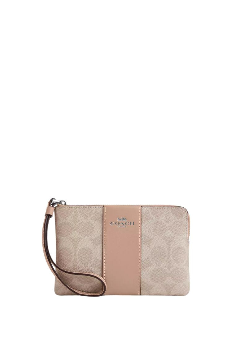 Corner Zip Wristlet In Signature Canvas With Stripe Silver Sand Taupe
