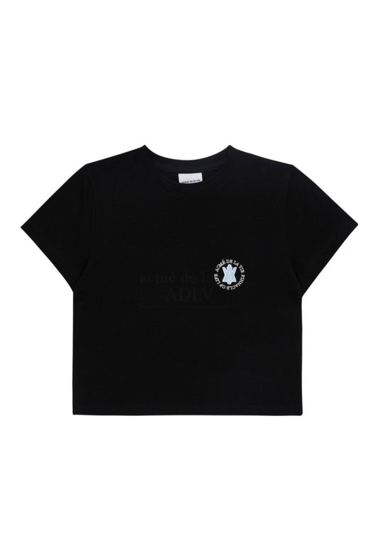 A Logo Emblem Embroidery Crop Top Short Sleeve T-Shirt Black
