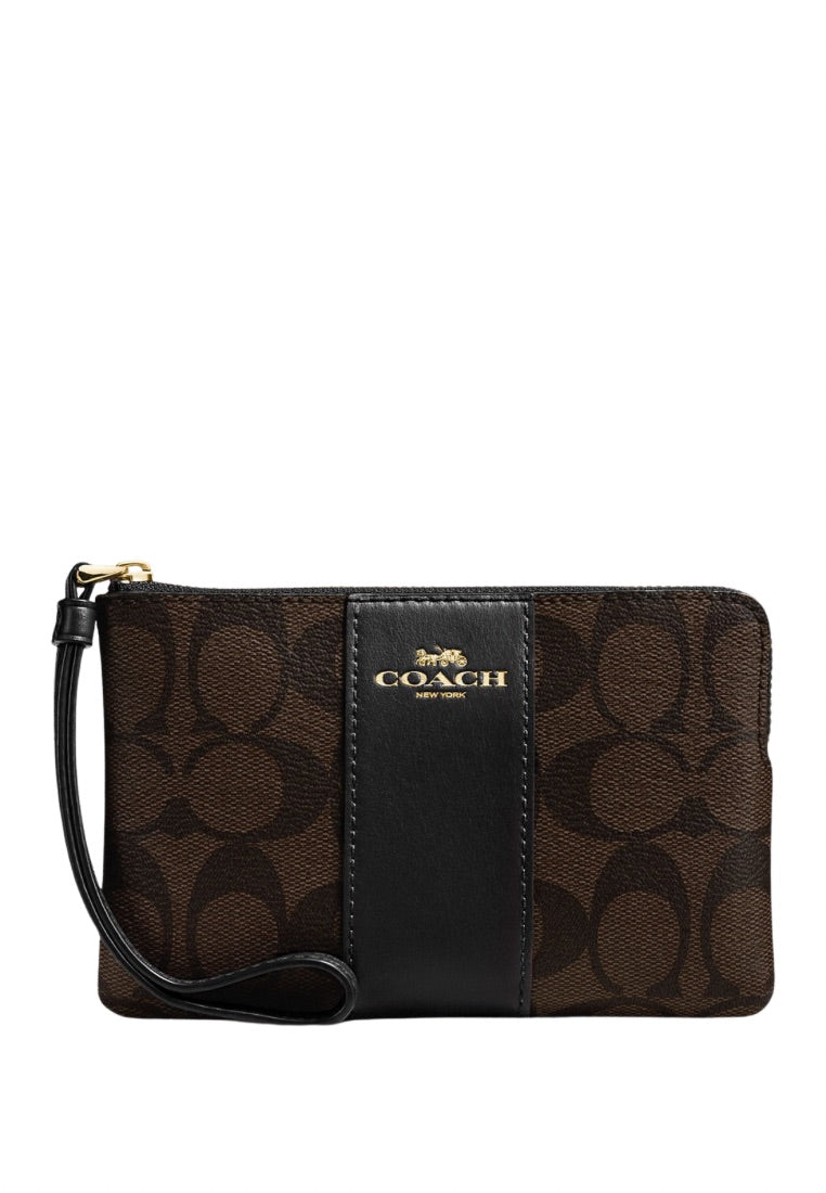Corner Zip Wristlet In Signature Canvas Brown Black