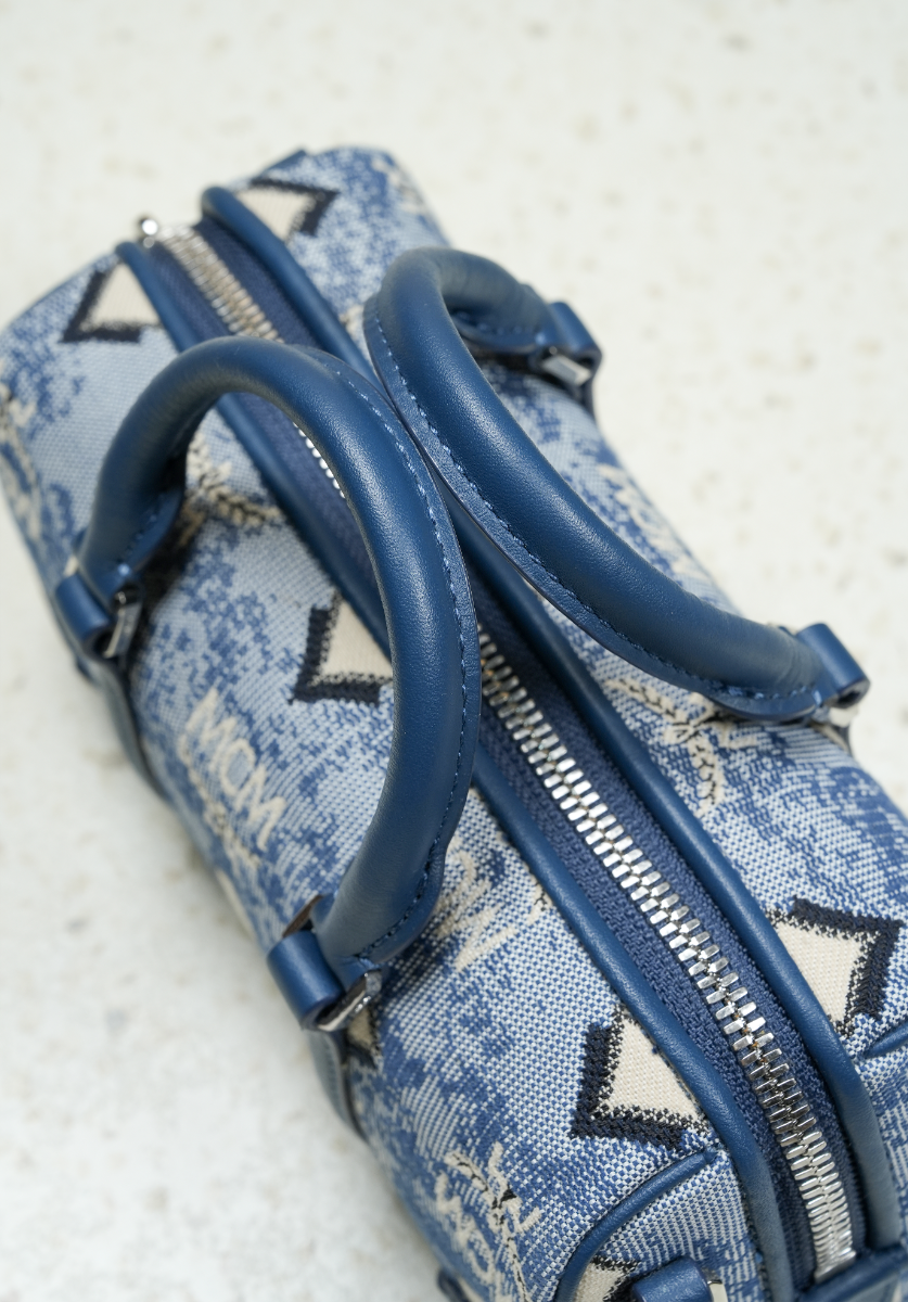 Mini Boston Bag in Vintage Jacquard Monogram Blue