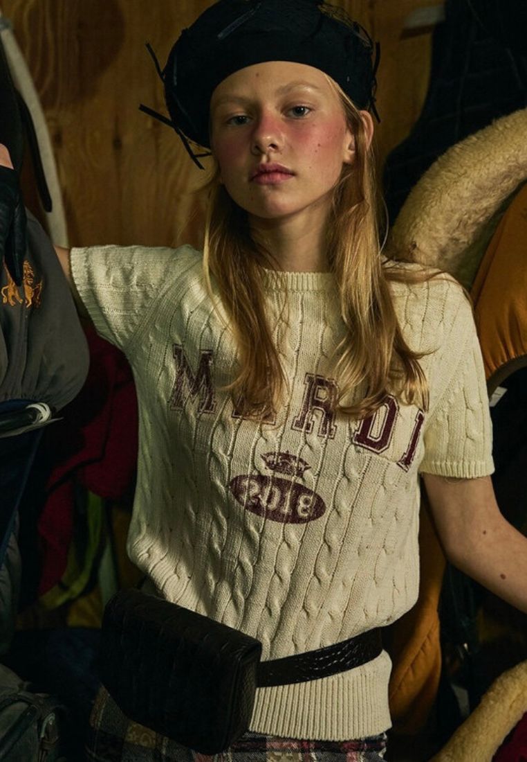 Cable Knit Half Sleeve Vintage Print Ivory Burgundy