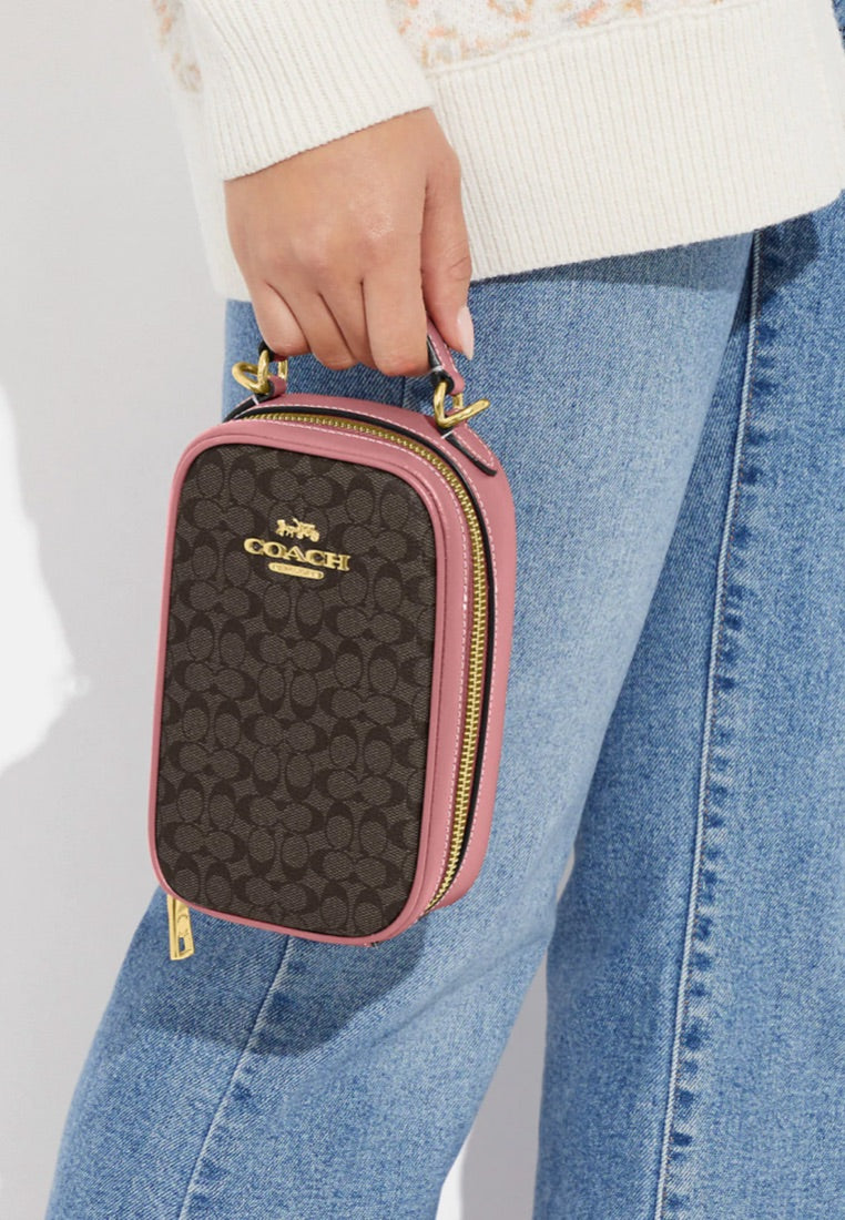 Eva Phone Crossbody In Colorblock Signature Canvas Brown Pink