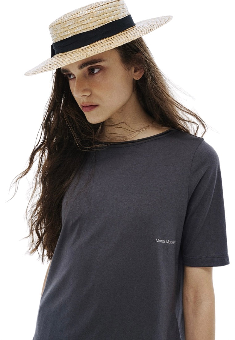 Premium Silk Blended TShirt Logo Boatneck Charcoal
