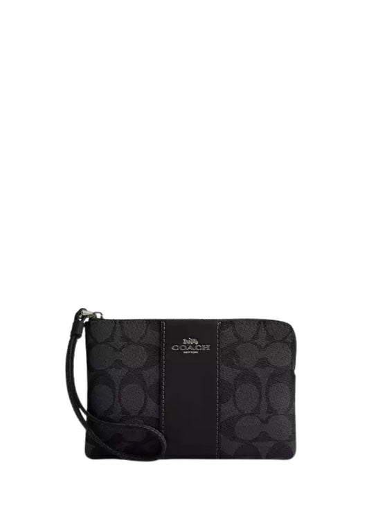 Corner Zip Wristlet In Signature Canvas With Stripe Gunmetal Charcoal Black