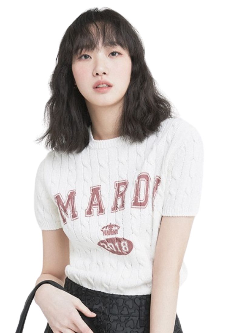 Cable Knit Half Sleeve Vintage Print Ivory Burgundy