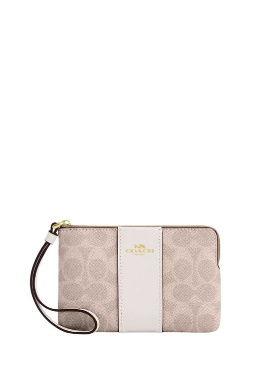 Corner Zip Wristlet In Signature Canvas With Stripe Gold Sand Chalk