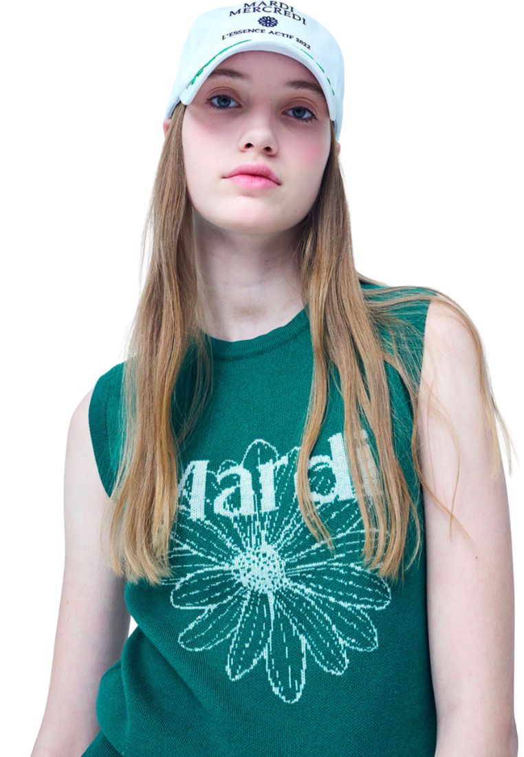 Mardi Flower Sleeveless Knit Top Green Ivory