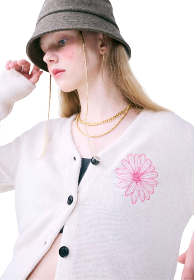 Raccoon Blended Cardigan V Neck Ivory Pink