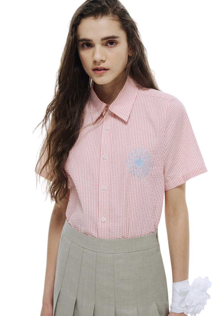 SEERSUCKER Shirt Half Sleeve Stripe Pink Blue