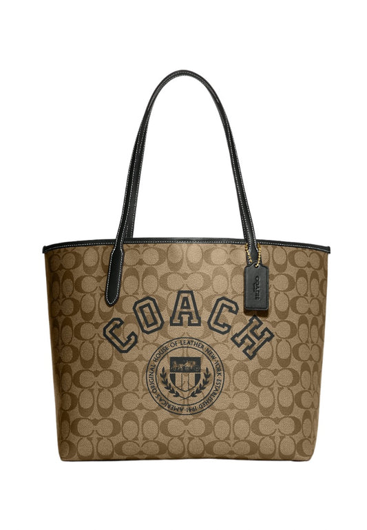 City Tote In Signature Canvas With Varsity Motif Amazon Green