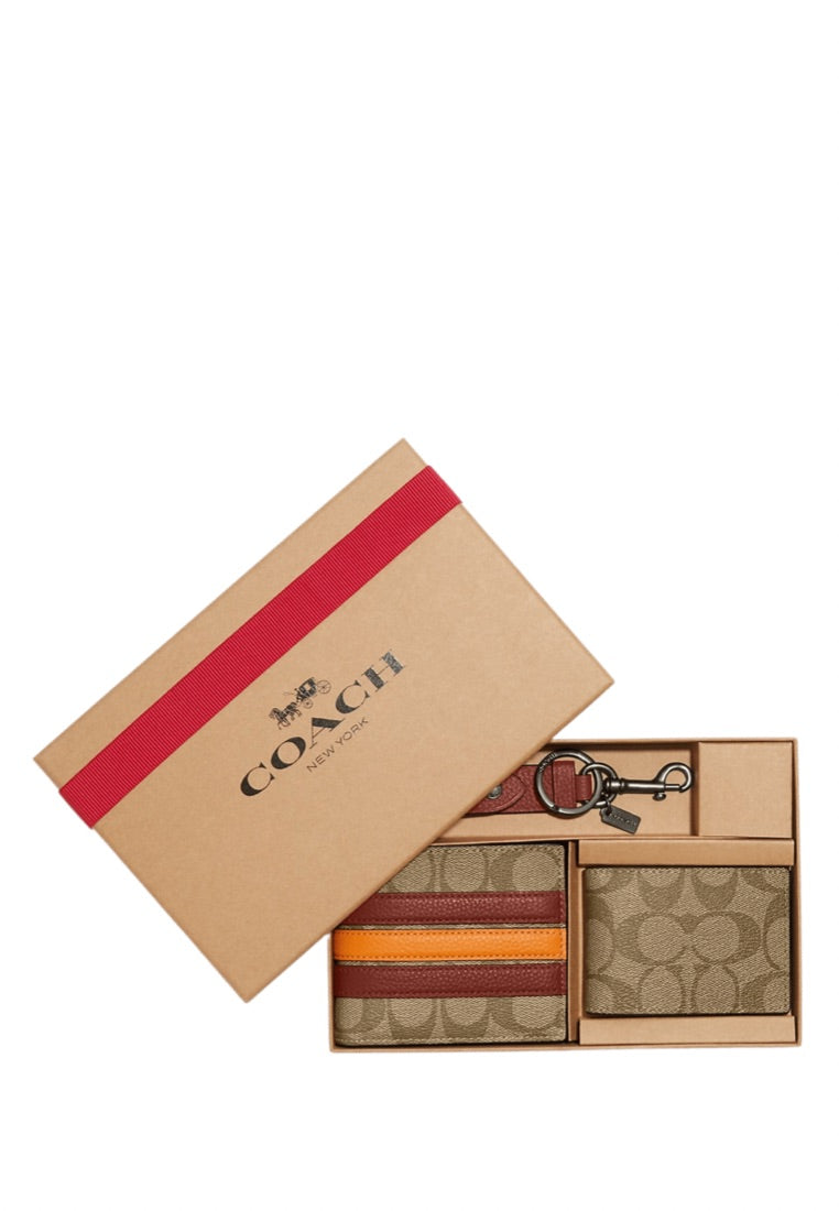 Boxed 3 In 1 Wallet Gift Set In Signature Canvas With Varsity Stripe Terracotta Multi