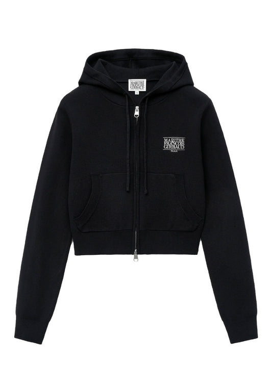 W Classic Logo Crop Knit Hoodie Zip-Up Black