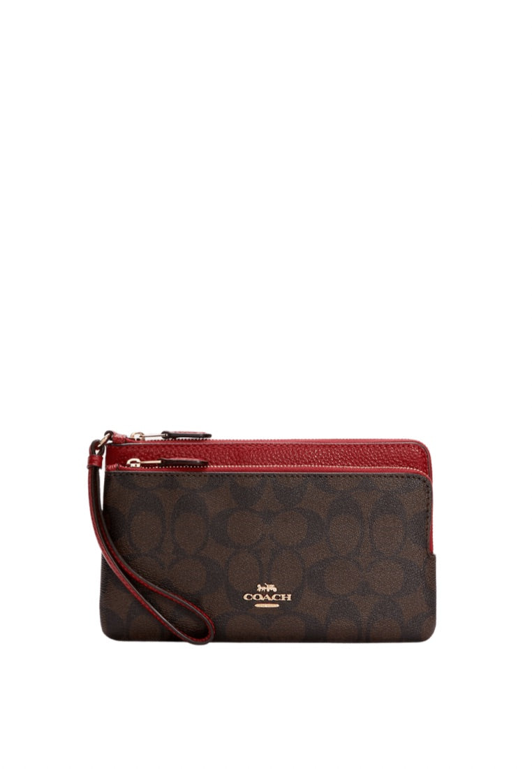 Double Zip Wallet In Signature Canvas Brown 1941 Red