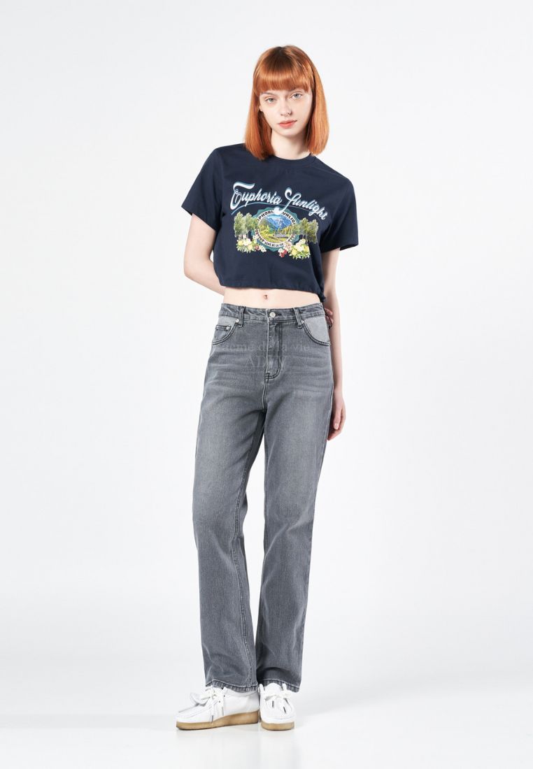 Greenery Artwork Crop Top Short Sleeve T-Shirt Navy