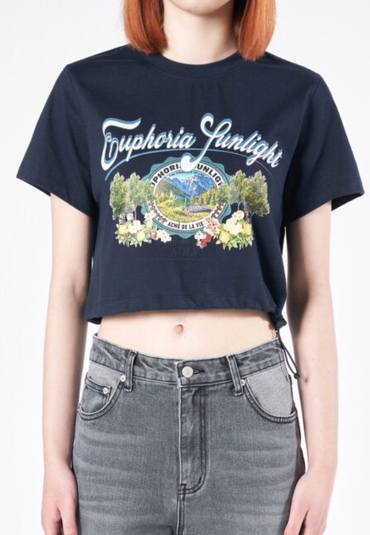 Greenery Artwork Crop Top Short Sleeve T-Shirt Navy
