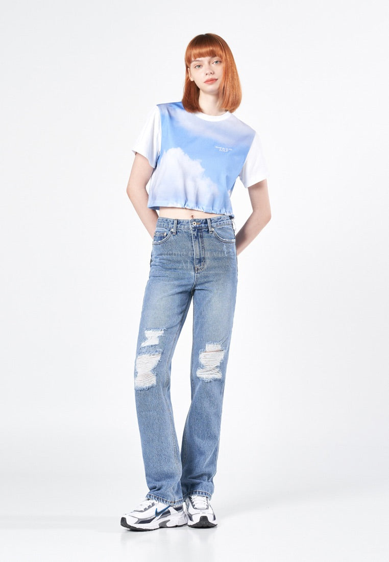 Cloud Artwork Crop Top Short Sleeve T-Shirt White