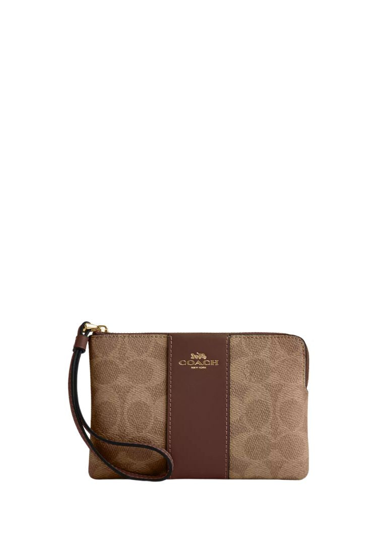 Corner Zip Wristlet In Signature Canvas With Stripe Gold Tan Brown
