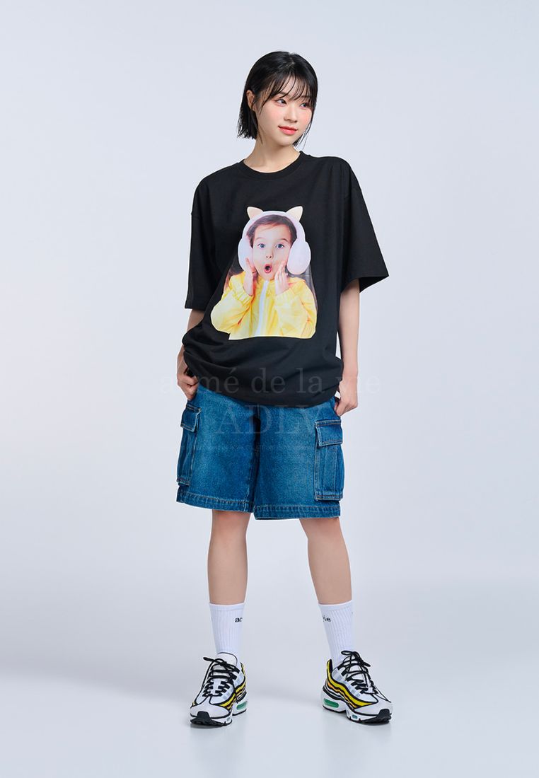Cat Earplug Short Sleeve T-Shirt Black