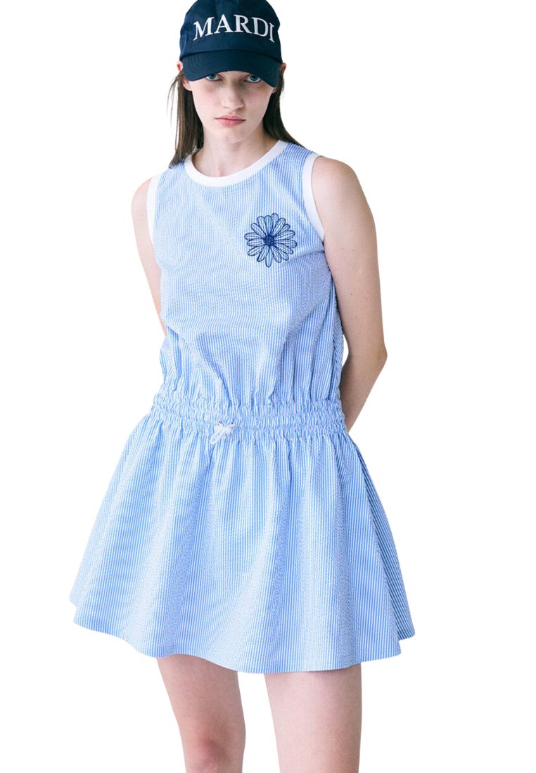 SEERSUCKER Flare Mini Dress Flower Needlework Sky Navy