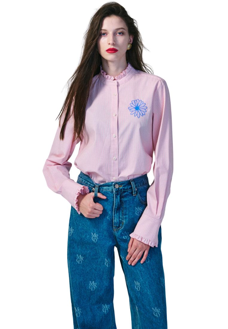Shirt Frill Collar Stripe Pink Blue