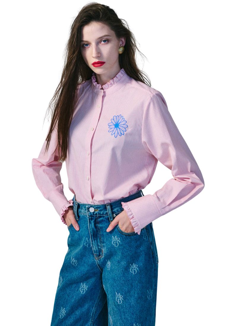 Shirt Frill Collar Stripe Pink Blue