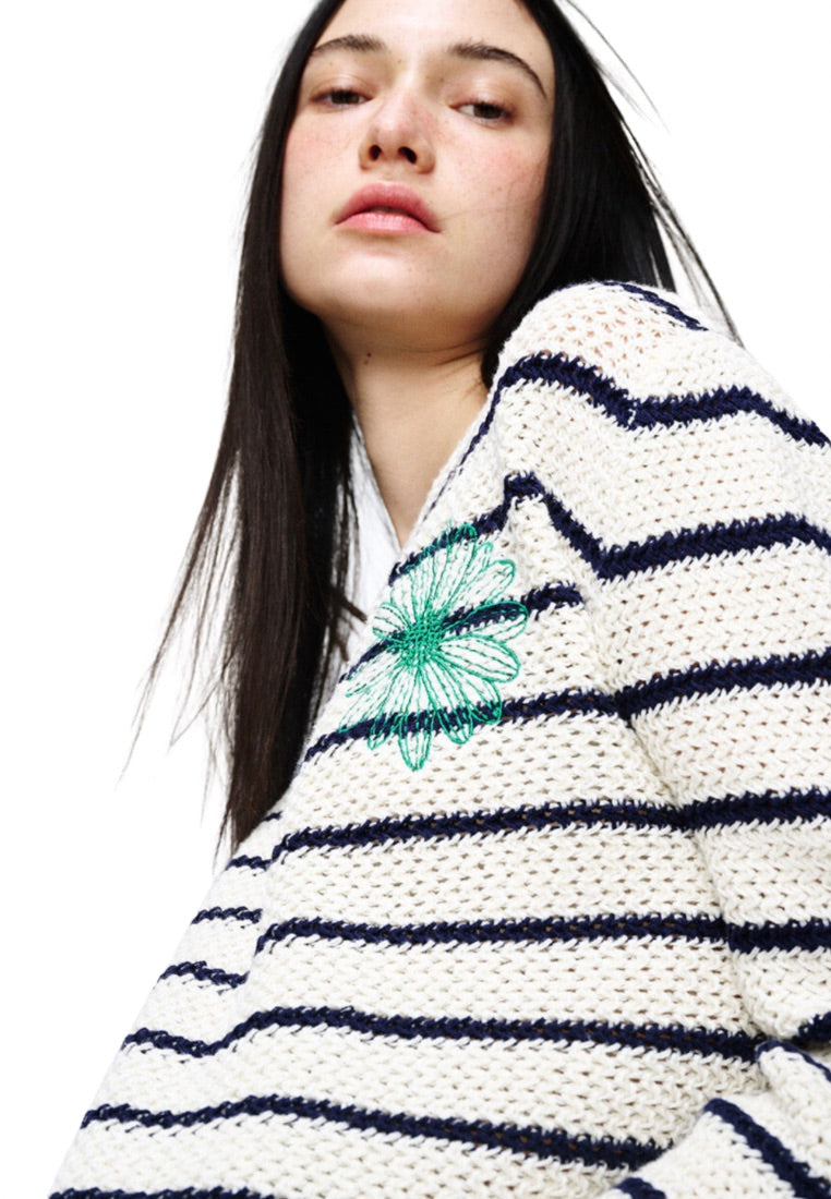 Cotton Pullover Long Sleeve Stripe Ivory Green