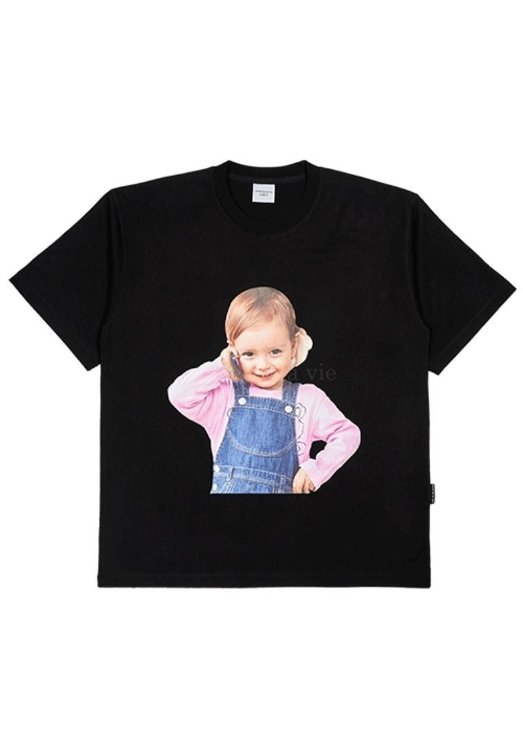 Baby Face Telephone Girl Short Sleeve T-Shirt R Black