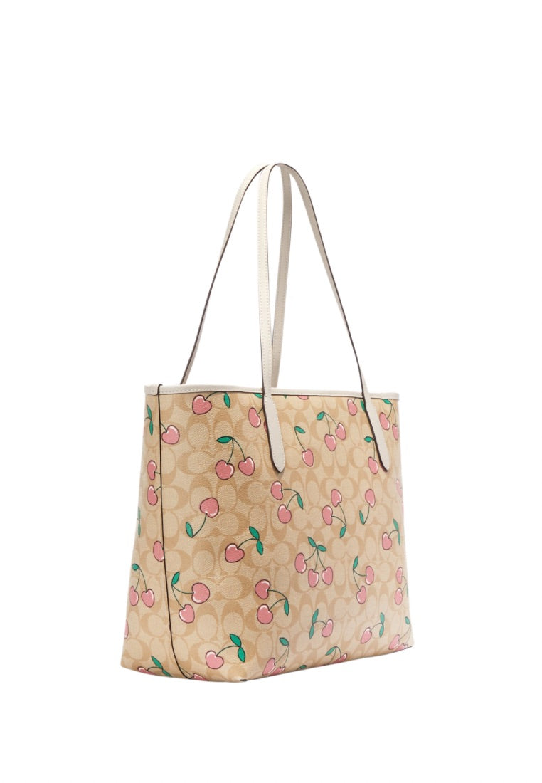 City Tote In Signature Canvas With Heart Cherry Print Light Khaki Multi