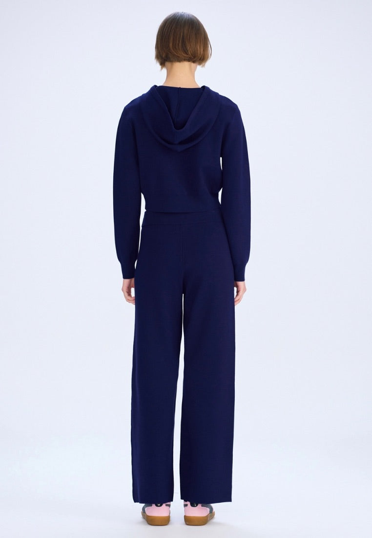 W Classic Logo Crop Knit Hoodie Zip-Up Navy