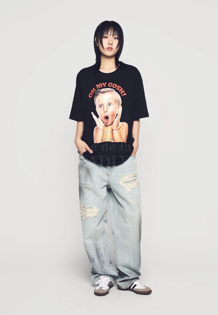 Scream Boy Lettering Baby Face Short Sleeve T-Shirt Black