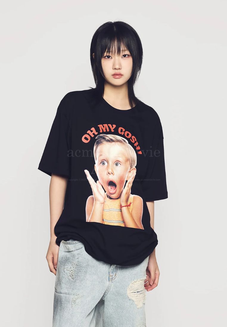 Scream Boy Lettering Baby Face Short Sleeve T-Shirt Black