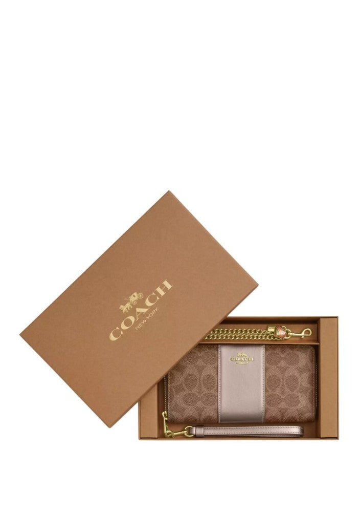 Boxed Long Zip Around Wallet In Signature Canvas Gold Tan Light Champagne