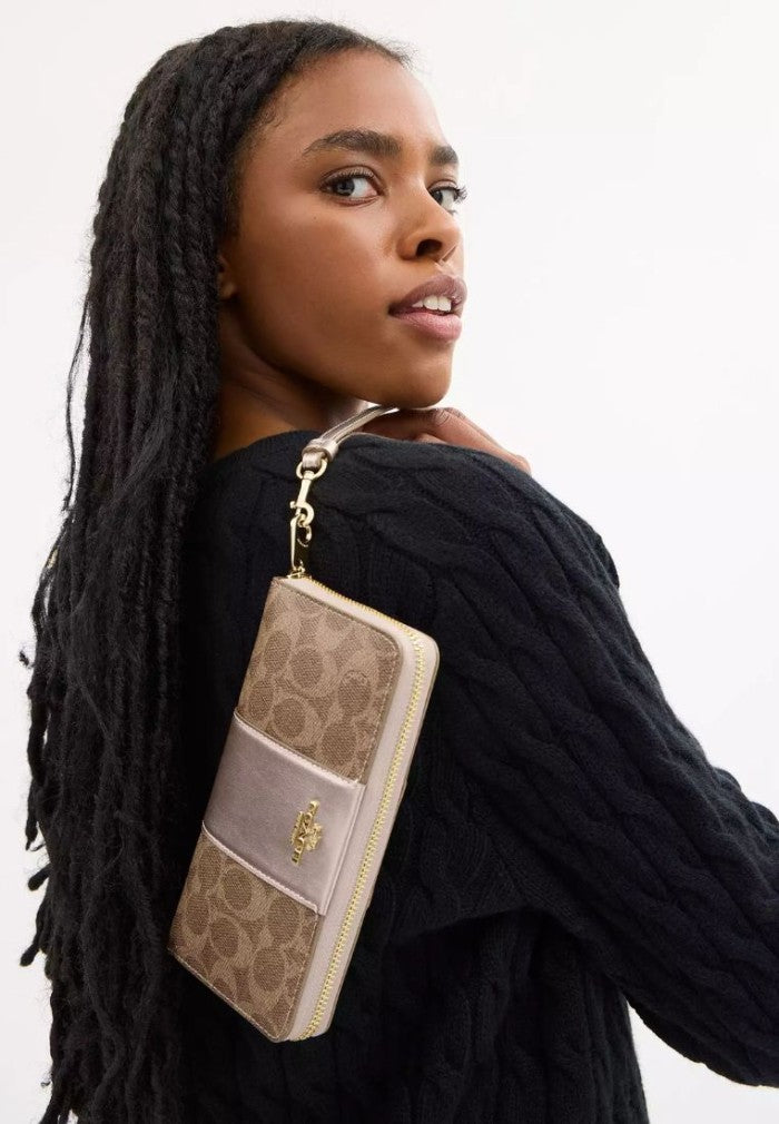 Boxed Long Zip Around Wallet In Signature Canvas Gold Tan Light Champagne