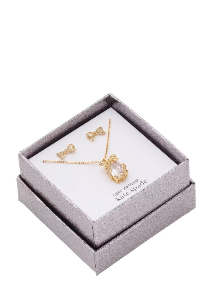 Pave Present Pendant and Studs Boxed Set Clear Gold