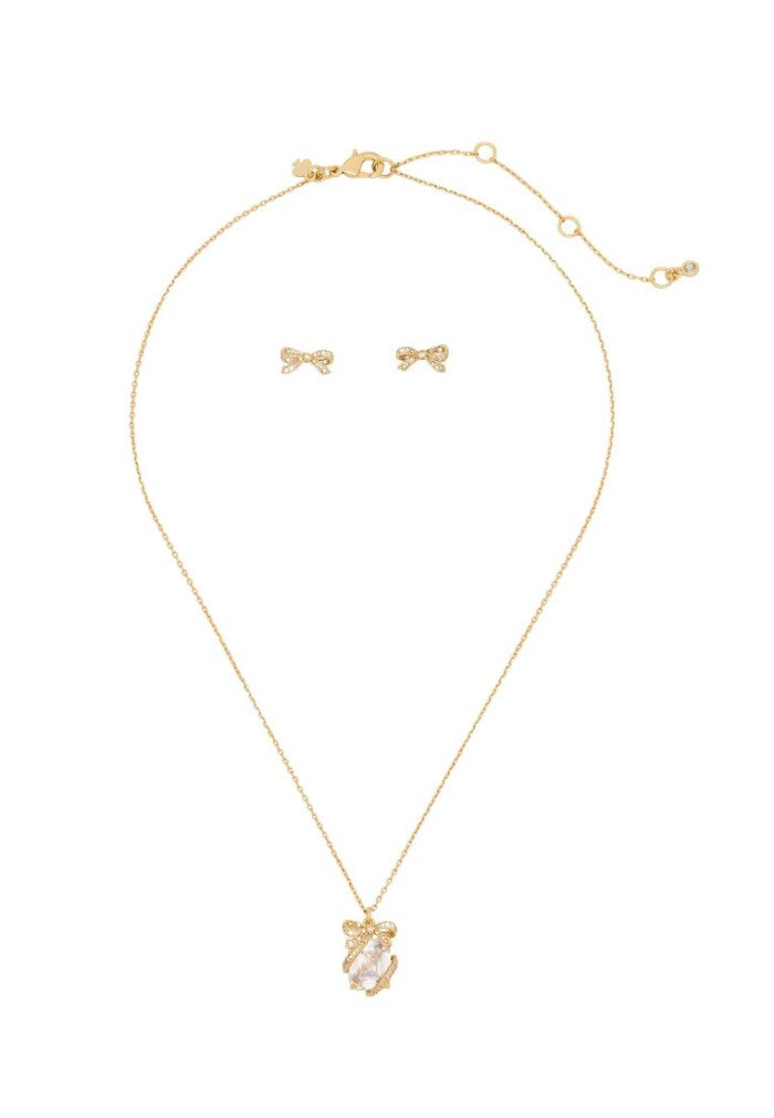 Pave Present Pendant and Studs Boxed Set Clear Gold