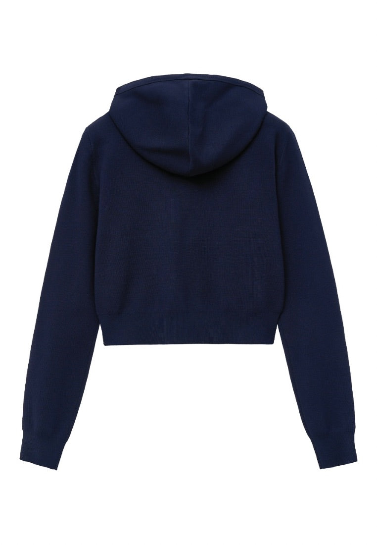W Classic Logo Crop Knit Hoodie Zip-Up Navy