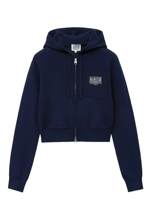 W Classic Logo Crop Knit Hoodie Zip-Up Navy