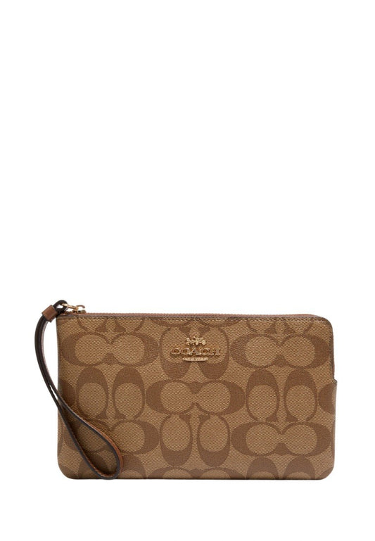 Large Corner Zip Wristlet In Signature Canvas Khaki Saddle