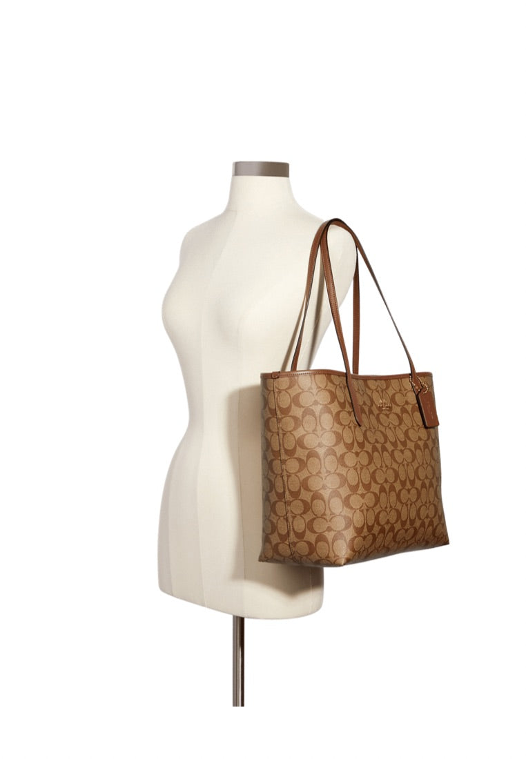City Tote In Signature Canvas Khaki Saddle 2