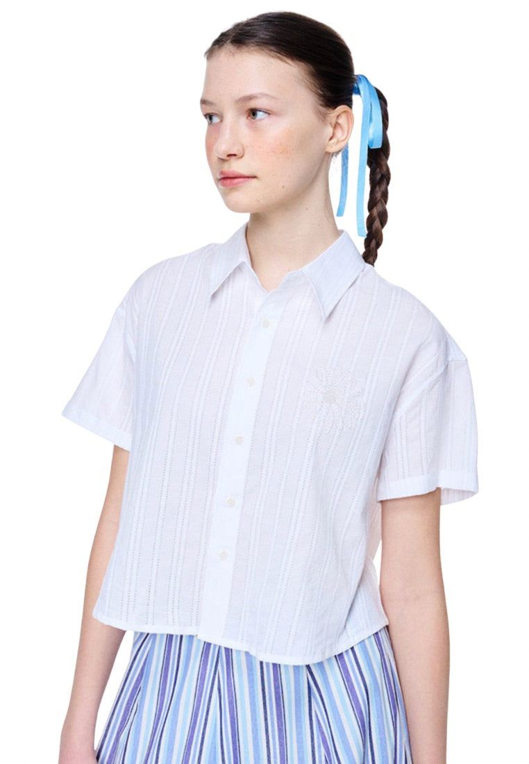 Cotton Cropped Shirt Half Sleeve White Beige