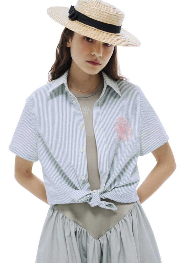 SEERSUCKER Shirt Half Sleeve Stripe Sky Pink