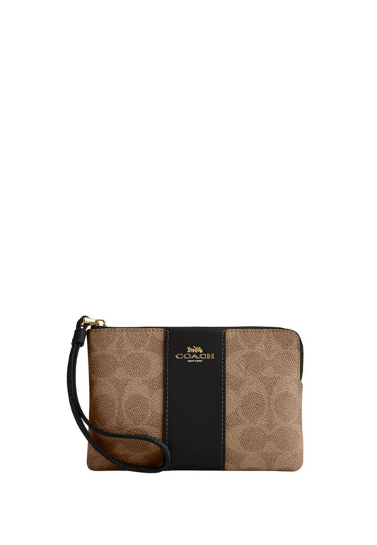 Corner Zip Wristlet In Signature Canvas With Stripe Gold Tan Black