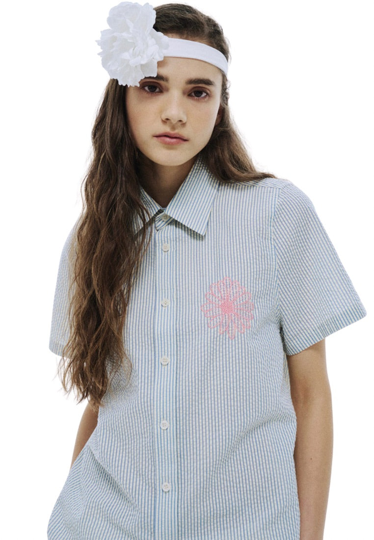 SEERSUCKER Shirt Half Sleeve Stripe Sky Pink