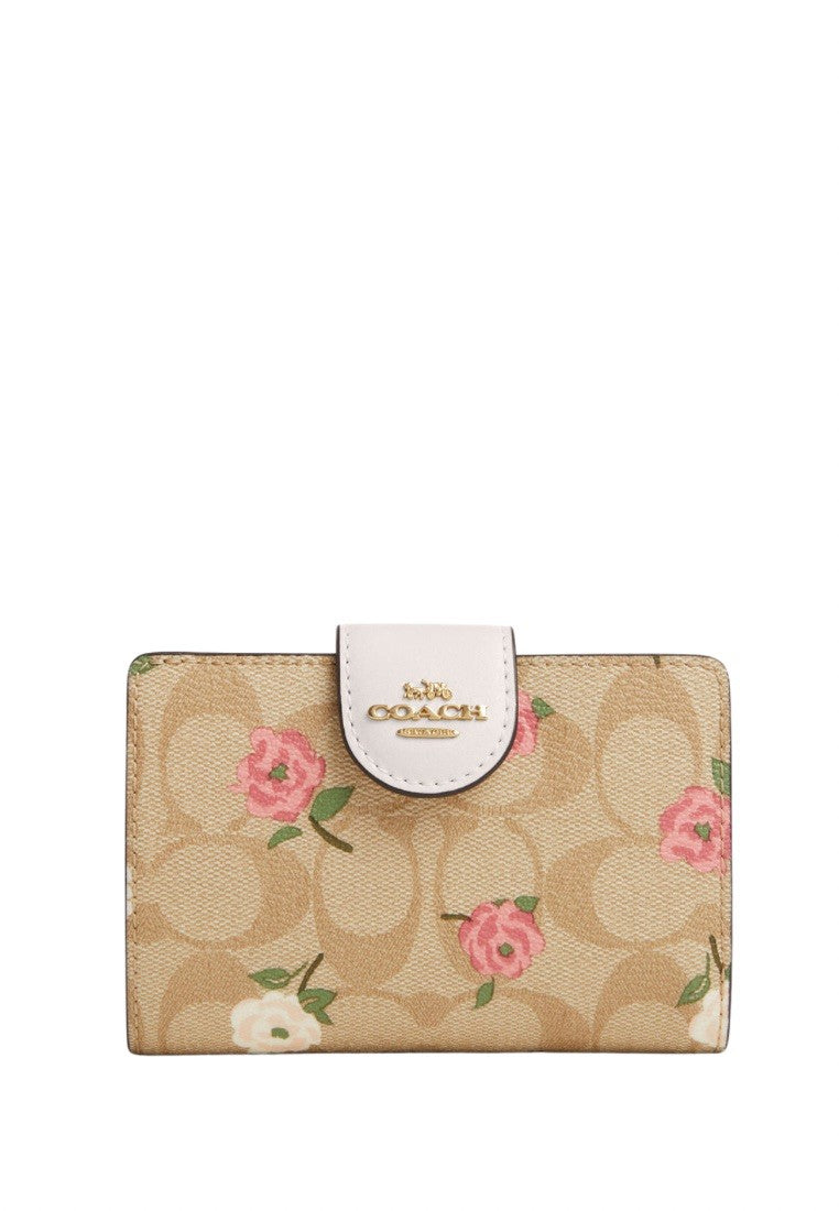 Medium Corner Zip Wallet In Signature Canvas With Floral Print Light Khaki Chalk Multi