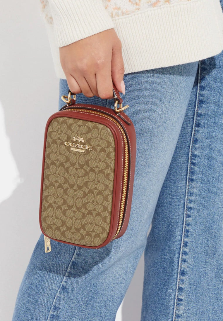 Eva Phone Crossbody In Colorblock Signature Canvas Khaki Terracotta