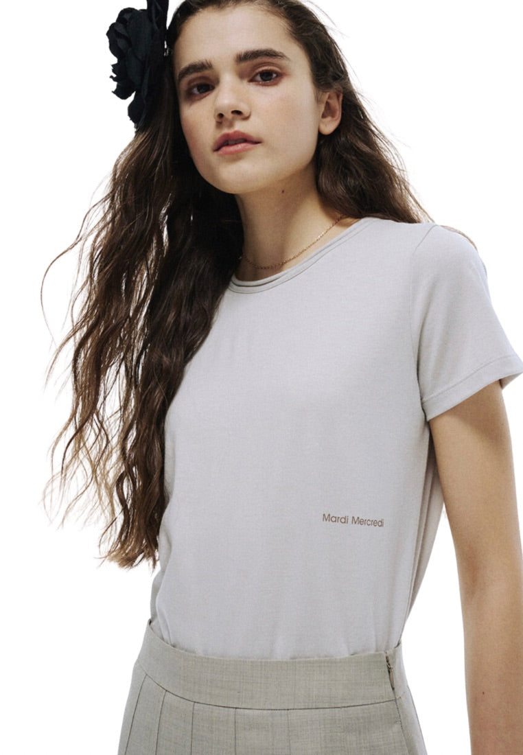 Premium Silk Blended Tshirt Logo Slimfit Beige Khaki