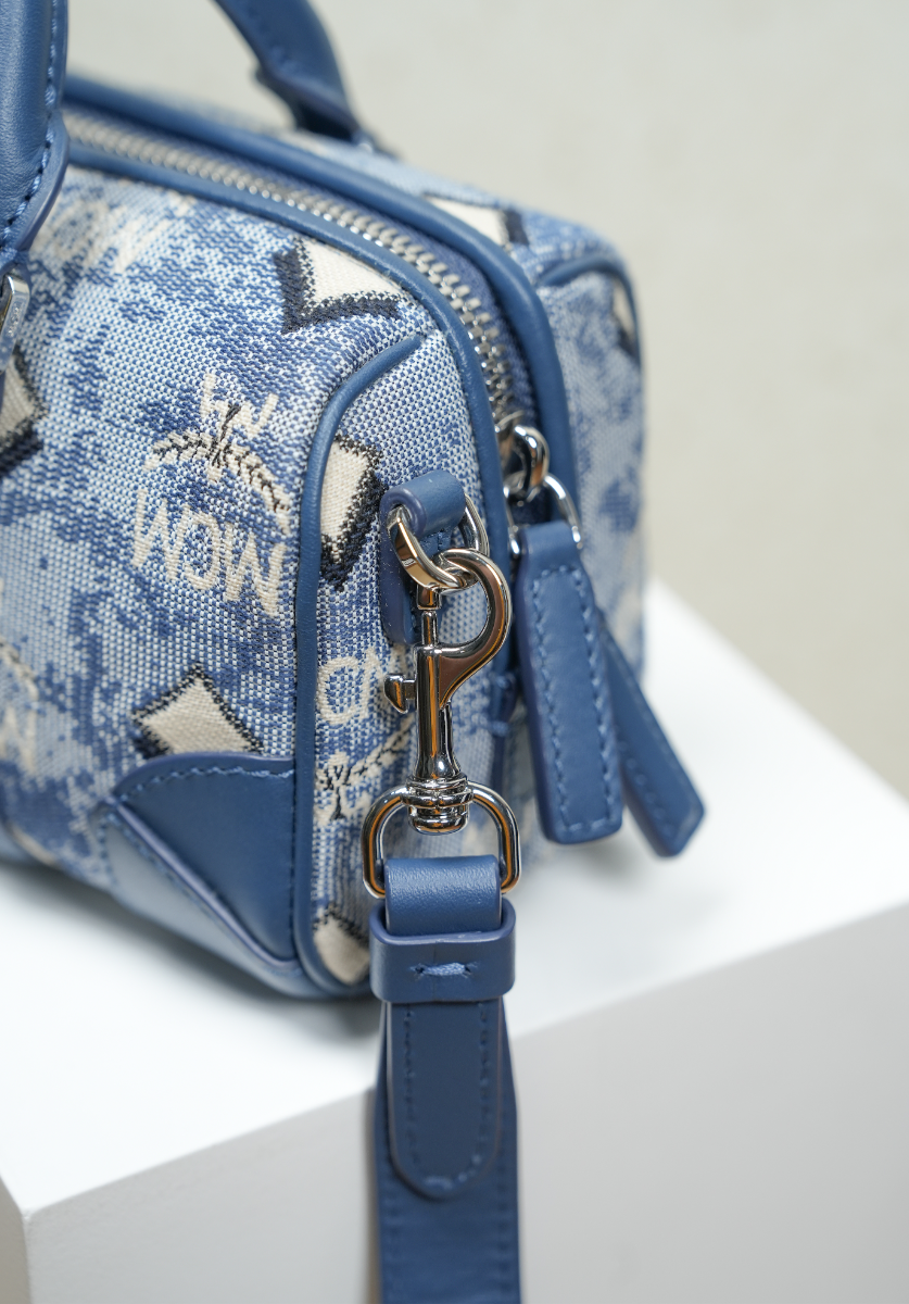 Mini Boston Bag in Vintage Jacquard Monogram Blue