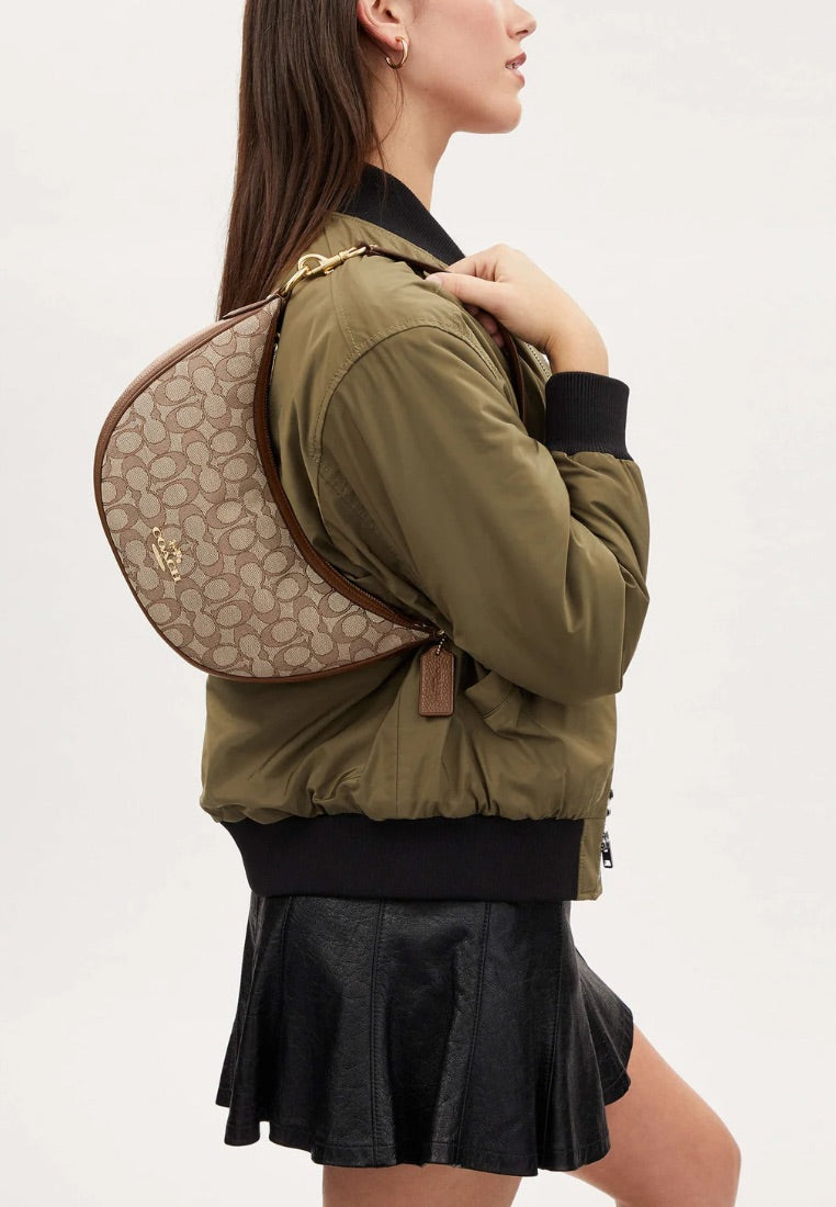 Aria Shoulder Bag In Signature Jacquard Khaki Saddle Multi