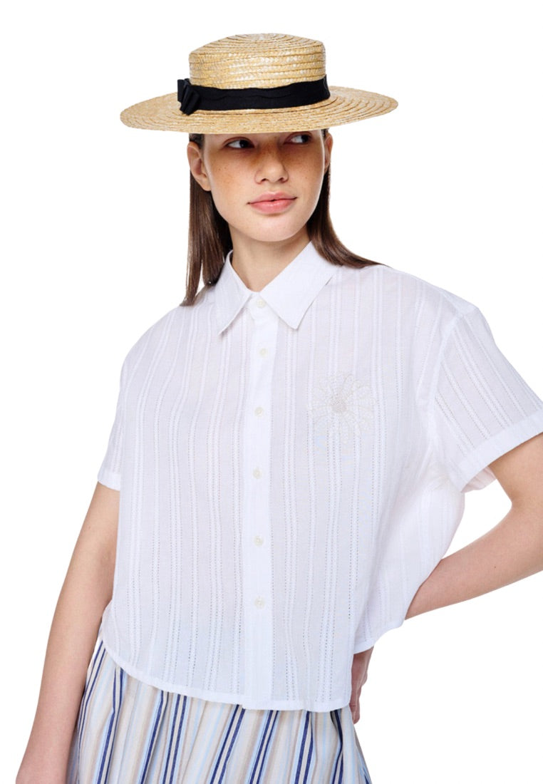 Cotton Cropped Shirt Half Sleeve White Beige